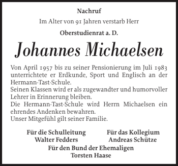 Traueranzeige von Johannes Michaelsen von Husumer Nachrichten