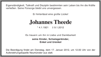 Traueranzeige von Johannes Theede von Holsteinischer Courier