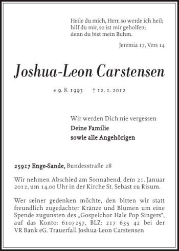 Traueranzeige von Joshua-Leon Carstensen von Nordfriesland Tageblatt