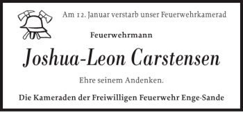 Traueranzeige von Joshua-Leon Carstensen von Nordfriesland Tageblatt