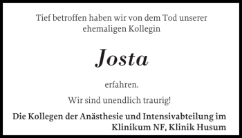 Traueranzeige von Josta  von Husumer Nachrichten