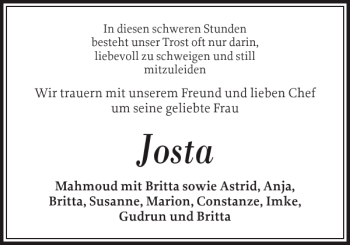 Traueranzeige von Josta  von Husumer Nachrichten