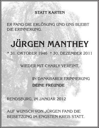 Traueranzeige von JÜRGEN MANTHEY von Landeszeitung