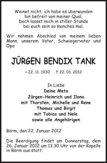 Traueranzeige von JÜRGEN BENDIX TANK von Landeszeitung