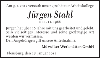 Traueranzeige von Jürgen Stahl von Flensburger Tageblatt