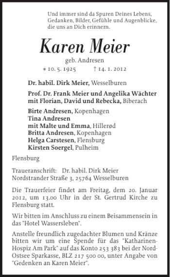 Traueranzeige von Karen Meier von Flensburger Tageblatt