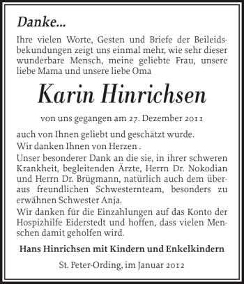 Traueranzeige von Karin Hinrichsen von Flensburger Tageblatt