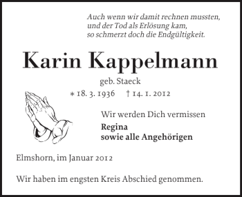 Traueranzeige von Karin Kappelmann von Elmshorner Nachrichten