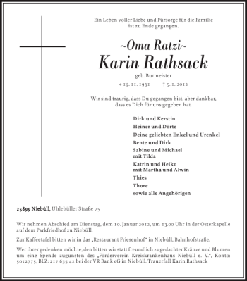 Traueranzeige von Karin Rathsack von Nordfriesland Tageblatt