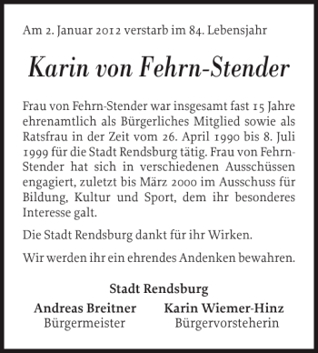 Traueranzeige von Karin von Fehrn-Stender von Landeszeitung