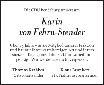 Traueranzeige von Karinvon Fehrn-Stender von Landeszeitung