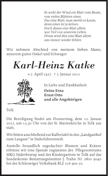 Traueranzeige von Karl-Heinz Katke von Flensburger Tageblatt