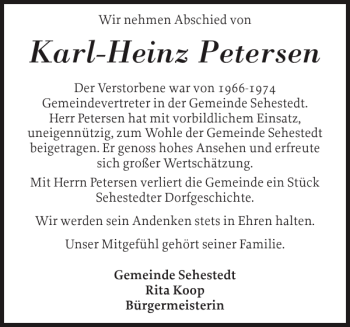 Traueranzeige von Karl-Heinz Petersen von Landeszeitung