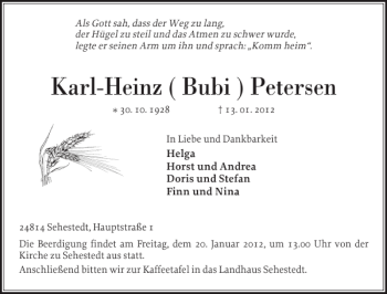 Traueranzeige von Karl-Heinz Bubi Petersen von Landeszeitung