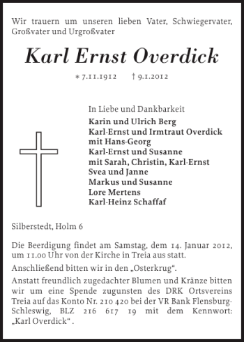 Traueranzeige von Karl Ernst Overdick von Schleswiger Nachrichten