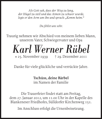 Traueranzeige von Karl Werner Rübel von Pinneberger Tageblatt