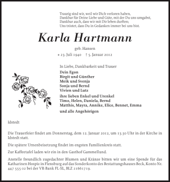 Traueranzeige von Karla Hartmann von Schleswiger Nachrichten