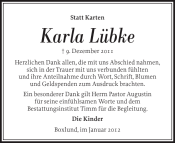 Traueranzeige von Karla Lübke von Husumer Nachrichten