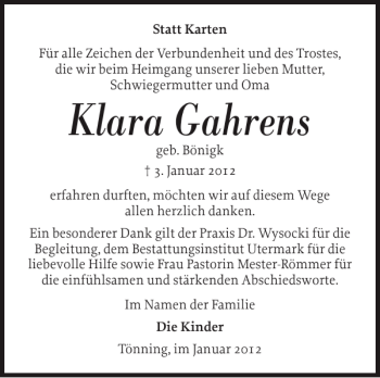 Traueranzeige von Klara Gahrens von Husumer Nachrichten
