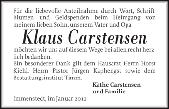 Traueranzeige von Klaus Carstensen von Husumer Nachrichten