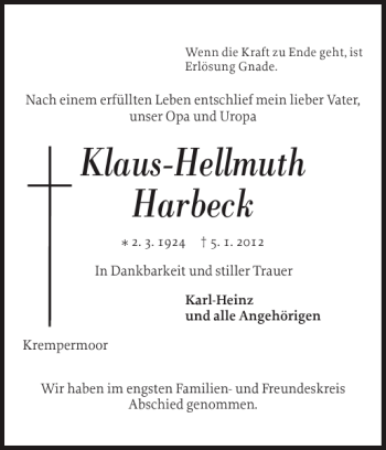 Traueranzeige von Klaus-Hellmuth Harbeck von Norddeutsche Rundschau