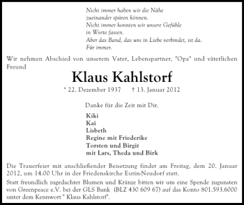 Traueranzeige von Klaus Kahlstorf von Ostholsteiner Anzeiger