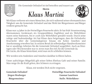 Traueranzeige von Klaus Martini von Norddeutsche Rundschau