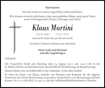 Traueranzeige von Klaus Martini von Norddeutsche Rundschau