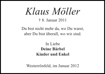 Traueranzeige von Klaus Möller von Landeszeitung