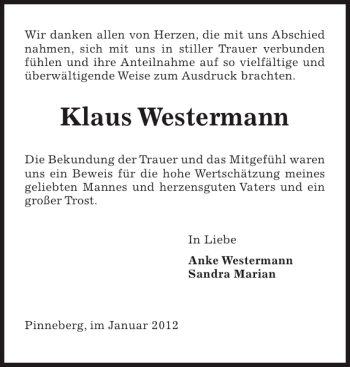 Traueranzeige von Klaus Westermann von Pinneberger Tageblatt