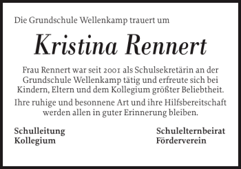 Traueranzeige von Kristina Rennert von Norddeutsche Rundschau