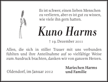 Traueranzeige von Kuno Harms von Norddeutsche Rundschau