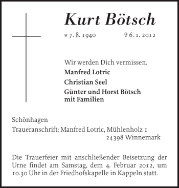 Traueranzeige von Kurt Bötsch von Schlei-Bote