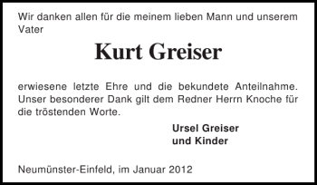 Traueranzeige von Kurt Greiser von Holsteinischer Courier