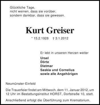 Traueranzeige von Kurt Greiser von Holsteinischer Courier