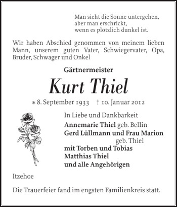 Traueranzeige von Kurt Thiel von Norddeutsche Rundschau