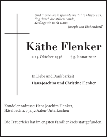 Traueranzeige von Käthe Flenker von Elmshorner Nachrichten