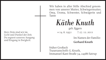 Traueranzeige von Käthe Knuth von Flensburger Tageblatt