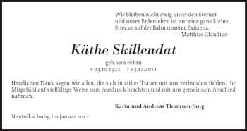 Traueranzeige von Käthe Skillendat von Schleswiger Nachrichten