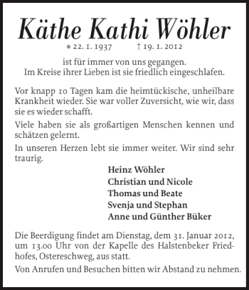 Traueranzeige von Käthe Kathi Wöhler von Pinneberger Tageblatt