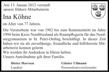 Traueranzeige von Köhne  von Husumer Nachrichten