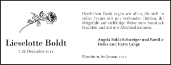 Traueranzeige von Lieselotte Boldt von Elmshorner Nachrichten