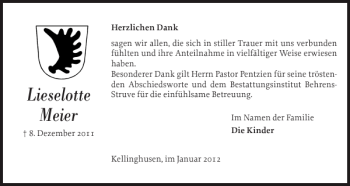 Traueranzeige von Lieselotte Meier von Norddeutsche Rundschau