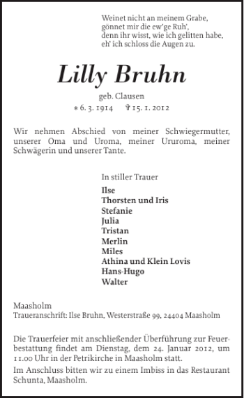 Traueranzeige von Lilly Bruhn von Schlei-Bote