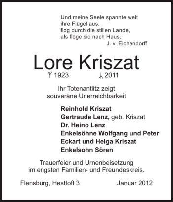 Traueranzeige von Lore Kriszat von Flensburger Tageblatt