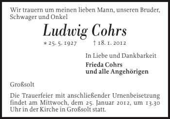 Traueranzeige von Ludwig Cohrs von Flensburger Tageblatt