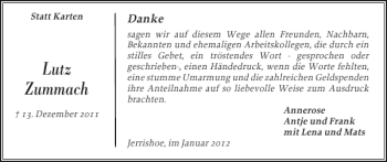 Traueranzeige von Lutz Zummach von Flensburger Tageblatt