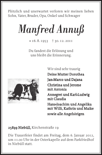 Traueranzeige von Manfred Annuß von Flensburger Tageblatt