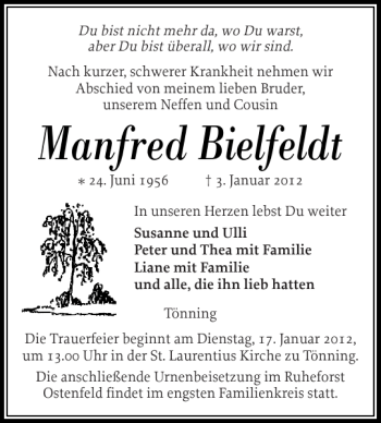 Traueranzeige von Manfred Bielfeldt von Husumer Nachrichten