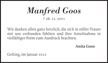 Traueranzeige von Manfred Goos von Flensburger Tageblatt
